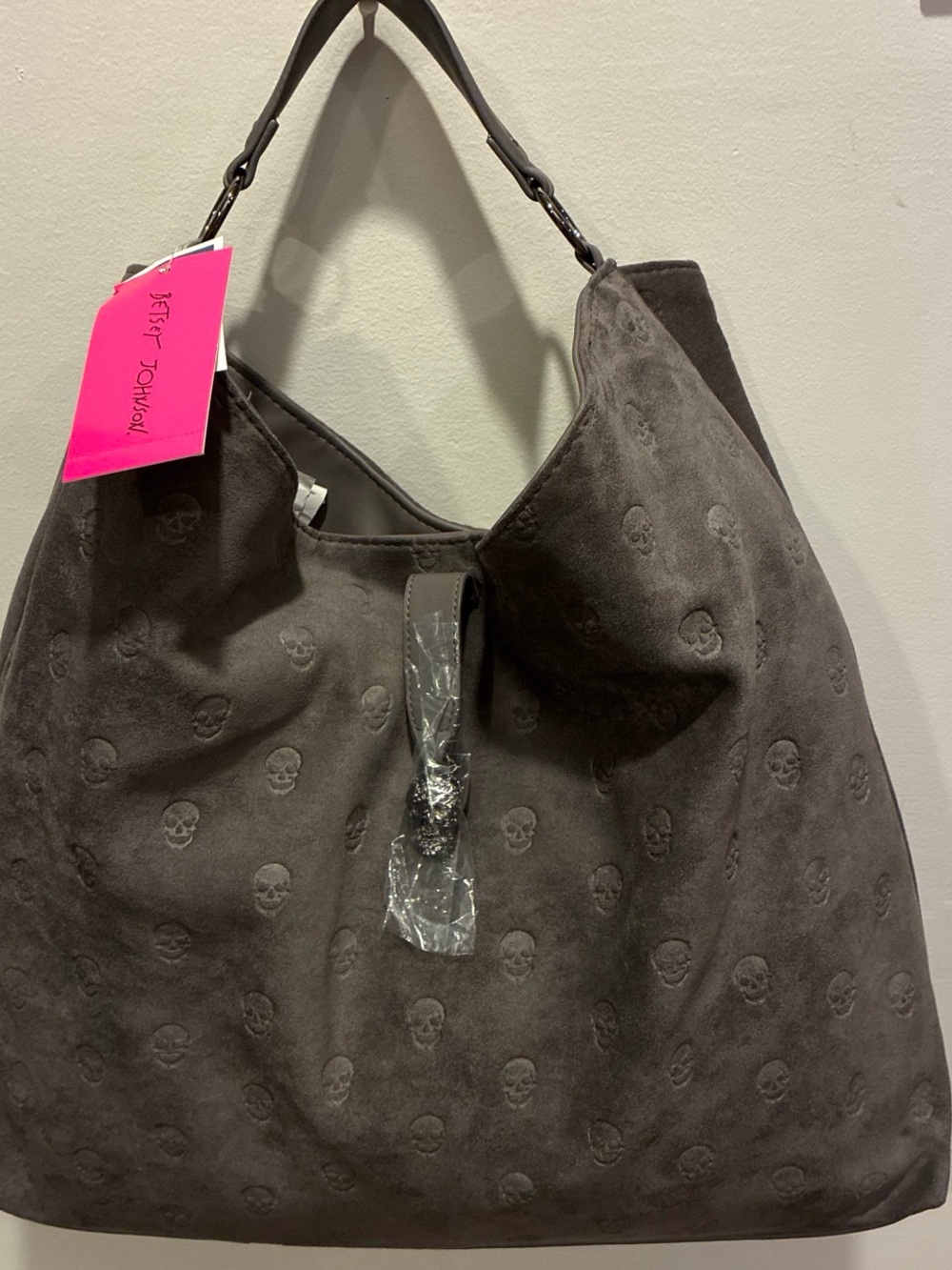 Betsey Johnson Gray Suede Shoulder Hobo Bag with Skull Embossing